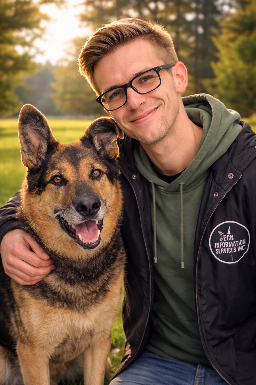 Adrian Housego CEO and Co-Founder of Echo Janitorial with dog Echo